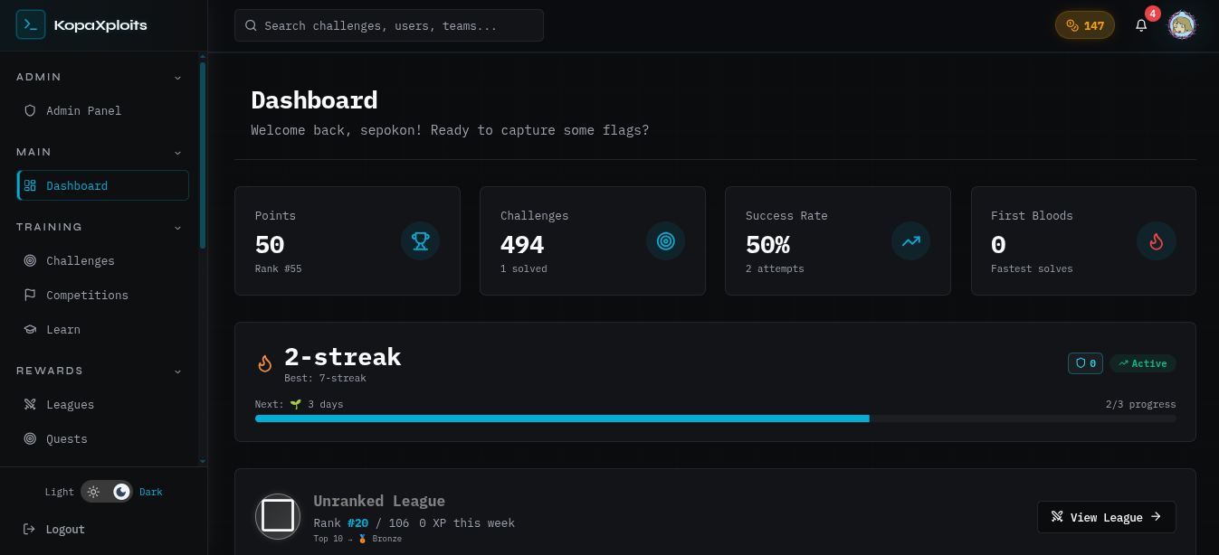 KopaXploits dashboard with challenge navigation, learning progress, and competition standings